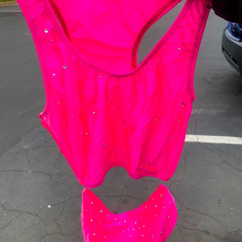 Two piece high waisted stripper dance outfit hot pink with rhinestones